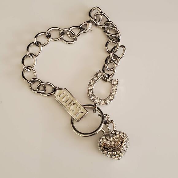 Vintage‎ Juicy Couture Silver Tone Pave Puffy Crown Heart Link Bracelet Crystals - Picture 5 of 6
